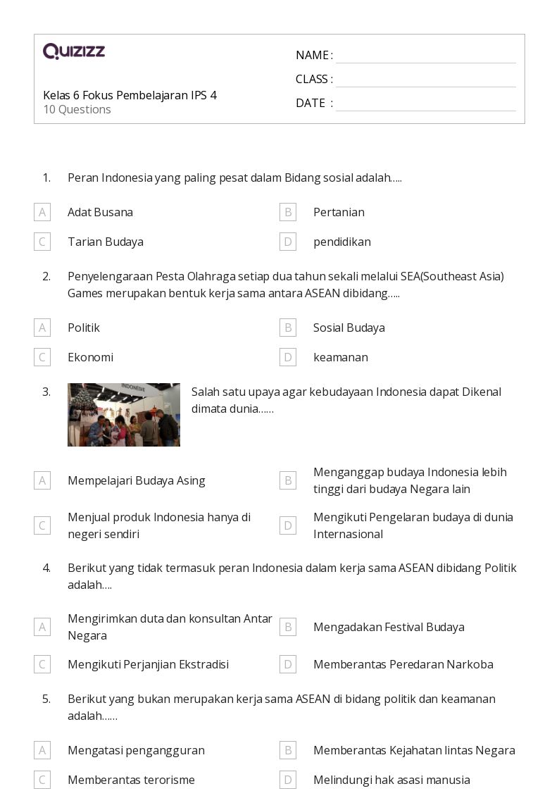 50 lembar kerja Komunitas Budaya untuk Kelas 6 di Quizizz Gratis
