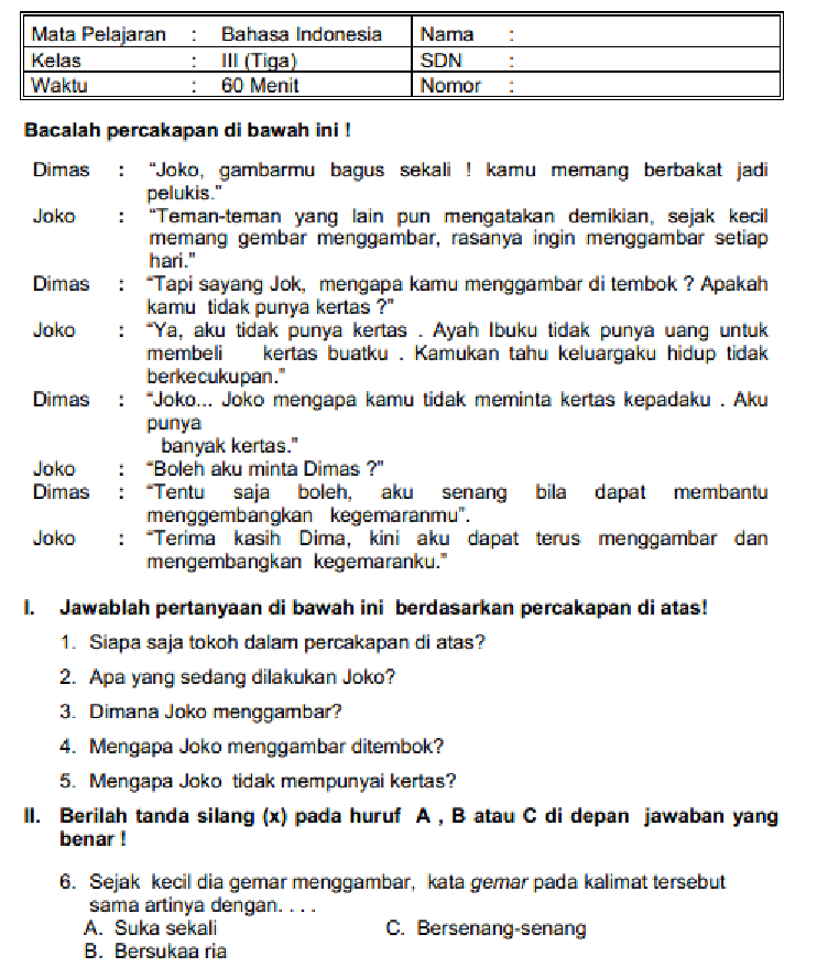 Soal Ujian Bahasa Indonesia Kelas 4 - Dunia Sosial Soal Ujian Bahasa Indonesia Kelas 4 - Dunia Sosial