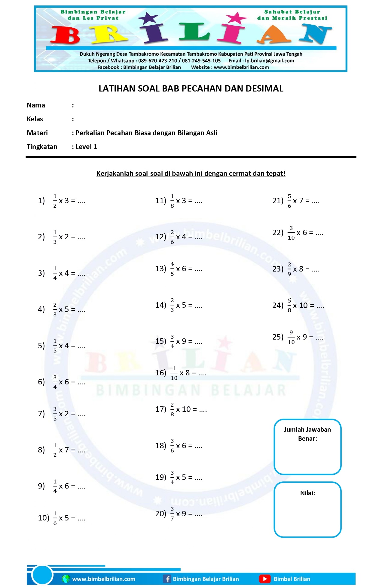 Kumpulan Soal Perkalian Bilangan Asli dengan Pecahan Biasa Bimbel Brilian