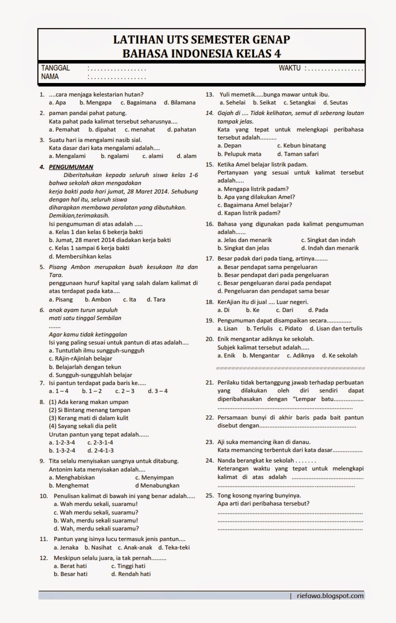 contoh soal isisn kelas 4 bahasa i9ndonesial