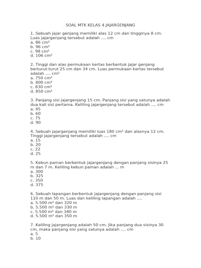 contoh soal jajargenjang kelas 4 sd