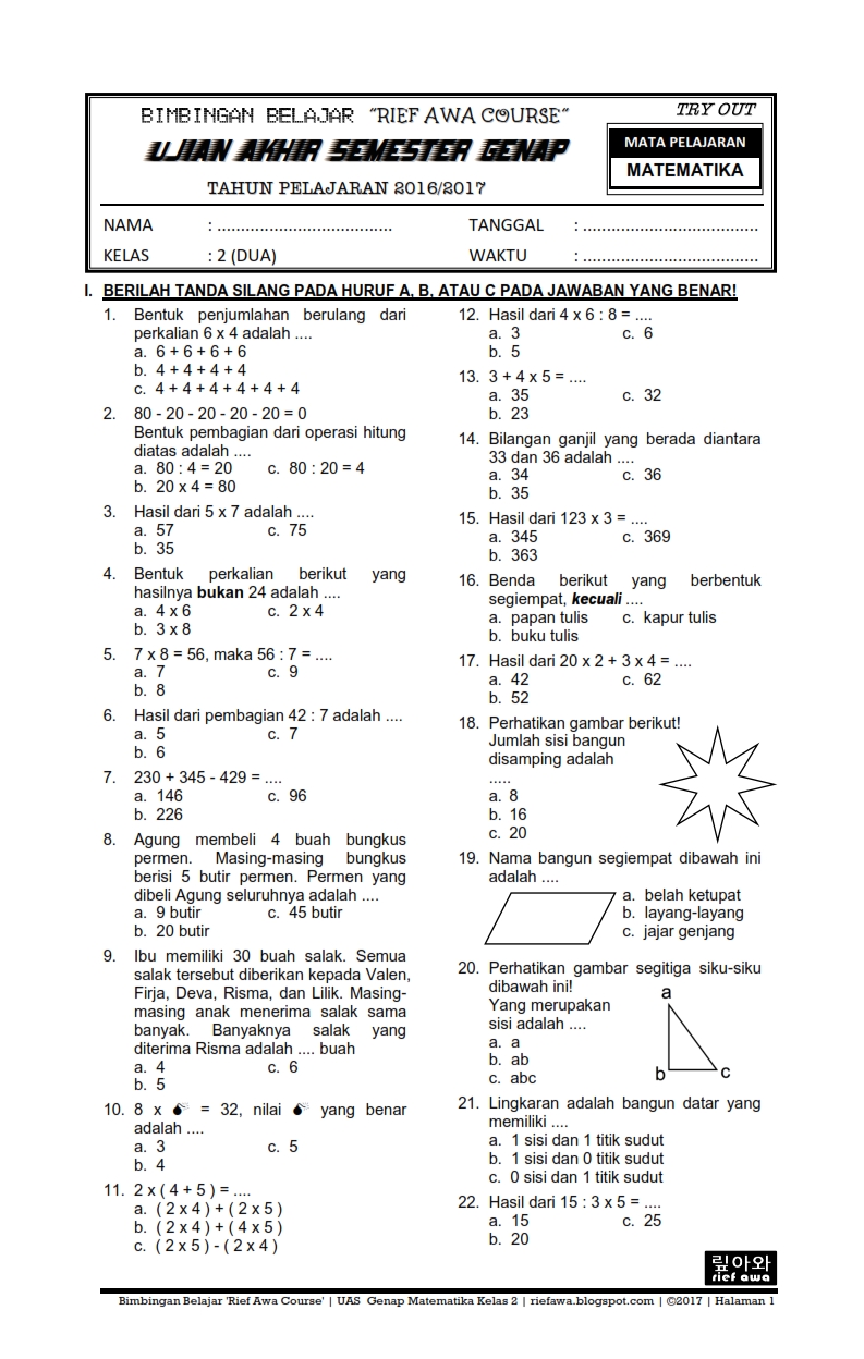 contoh soal k.13 semeter 2 kelas 4