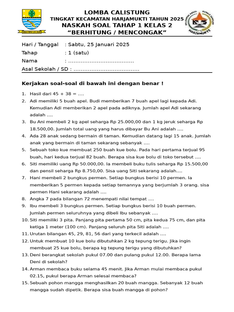 5 Contoh Soal Calistung Kelas 2 SD Terbaru yang Wajib Dikuasai Orang Tua dan Guru