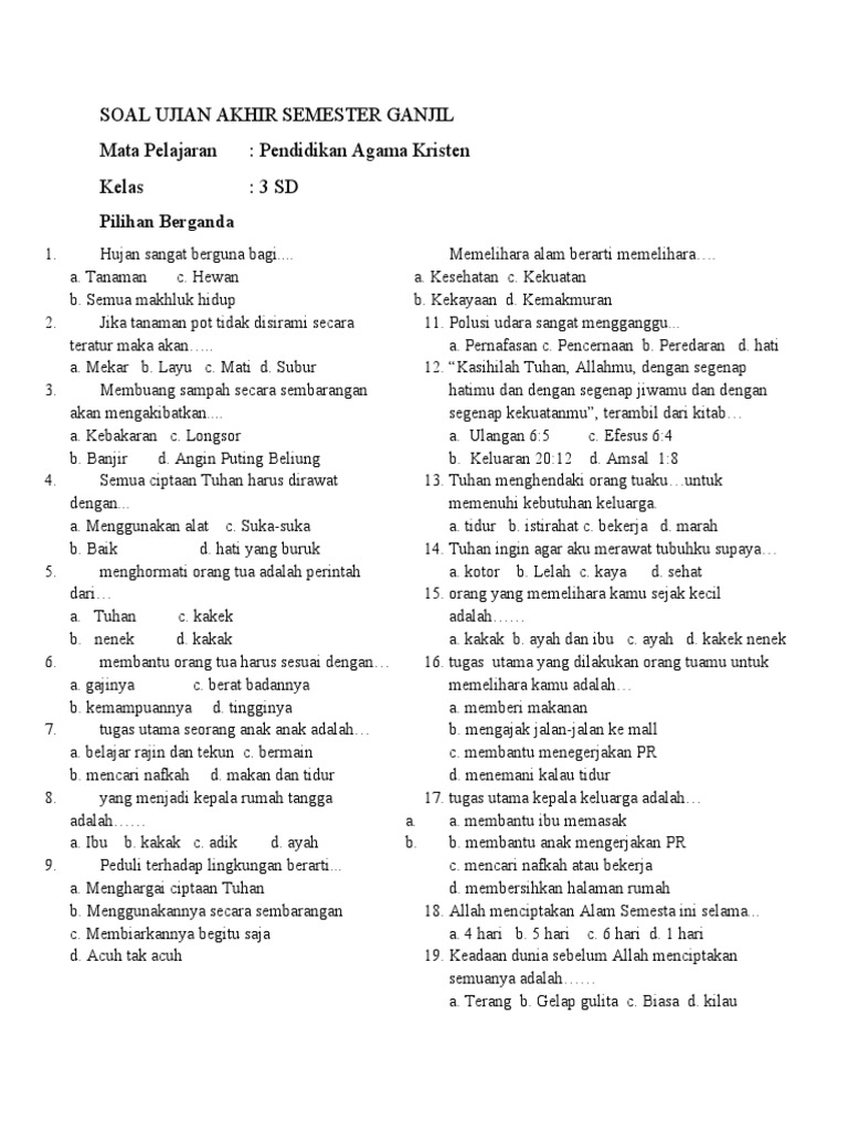 5 Contoh Soal UAS Agama Kristen Kelas 3 Semester 1 KTSP yang Wajib Dikuasai Siswa