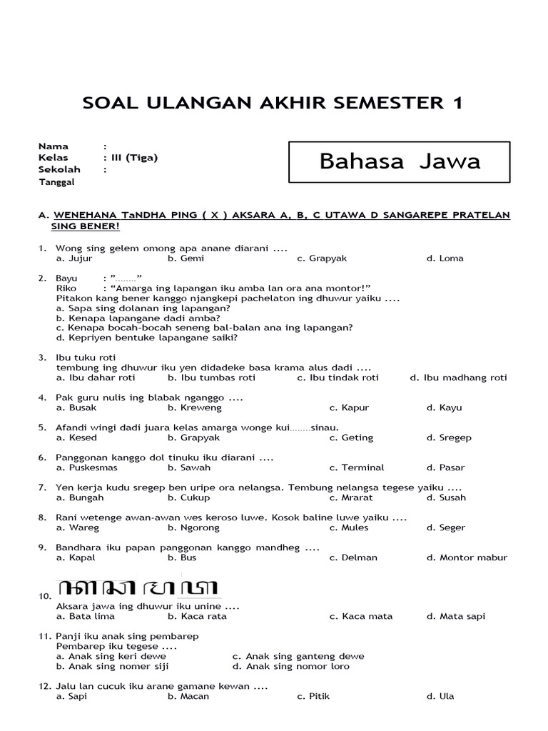 5 Contoh Soal UAS Bahasa Jawa Kelas 3 SD Semester 2 Ternyata Bikin Anak Semangat Belajar