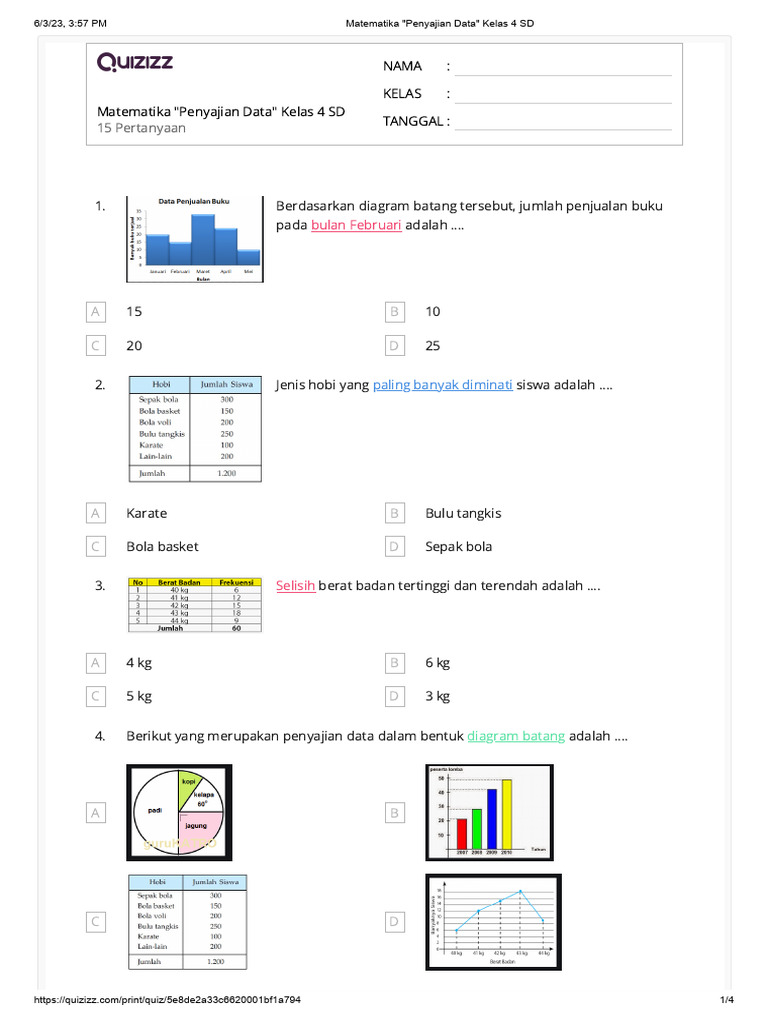 10 Contoh Latihan Soal Penyajian Data Kelas 4 SD Doc Siap Cetak untuk Nilai Terbaik