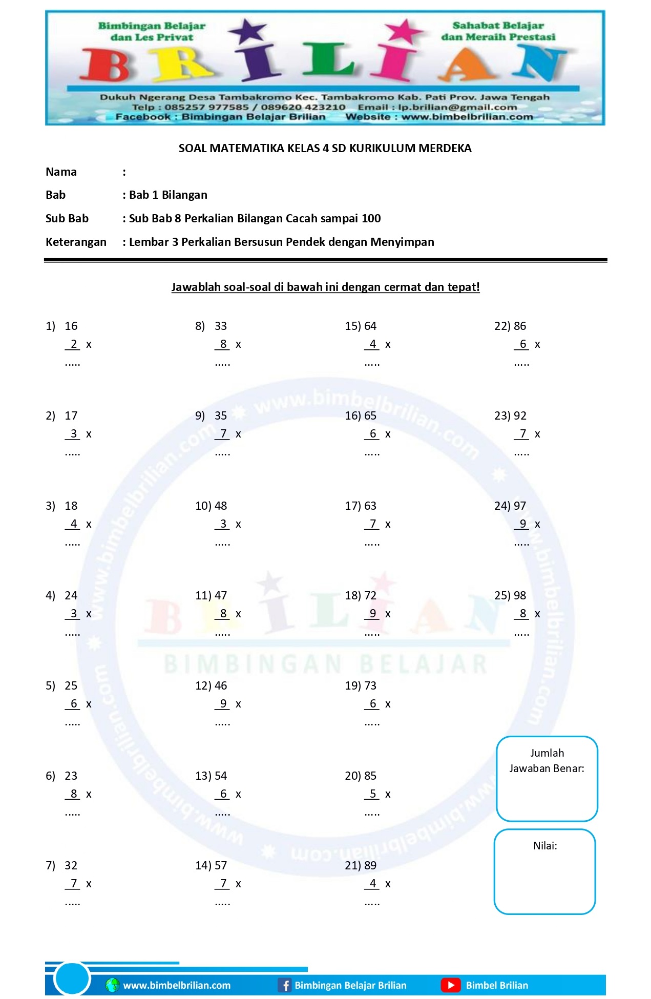 Download Soal Perkalian Bersusun Pendek Kelas 4 SD Lembar 3 - Bimbel Download Soal Perkalian Bersusun Pendek Kelas 4 SD Lembar 3 - Bimbel