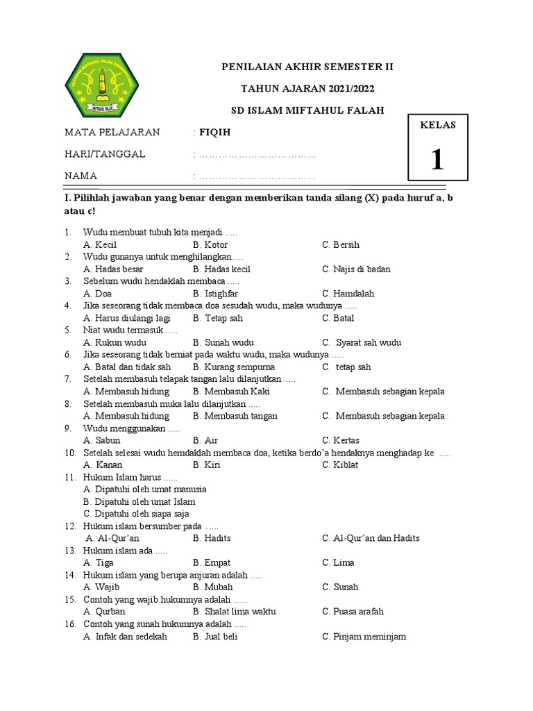 Soal Ujian Fiqih Kelas 1 Semester 2 PDF Soal Ujian Fiqih Kelas 1 Semester 2 PDF