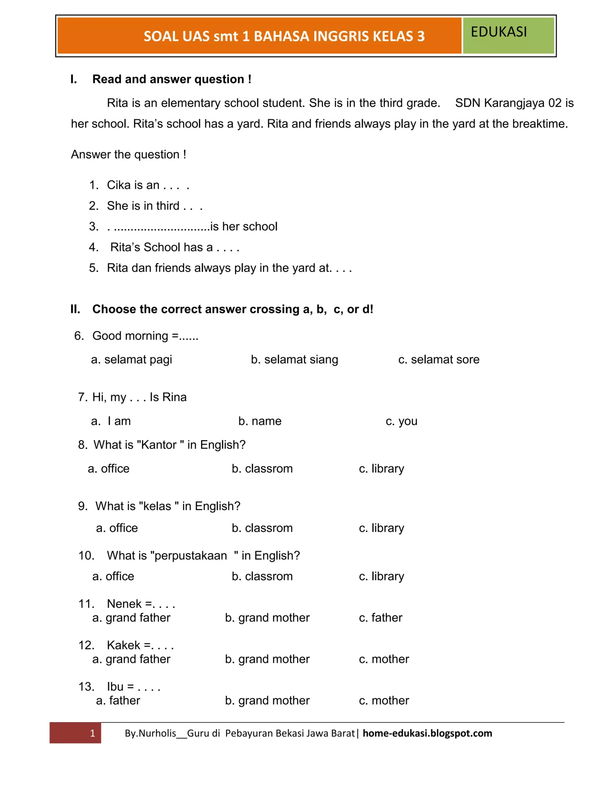 Soal uas smt 1 bahasa inggris kelas 3 PDF Soal uas smt 1 bahasa inggris kelas 3 PDF