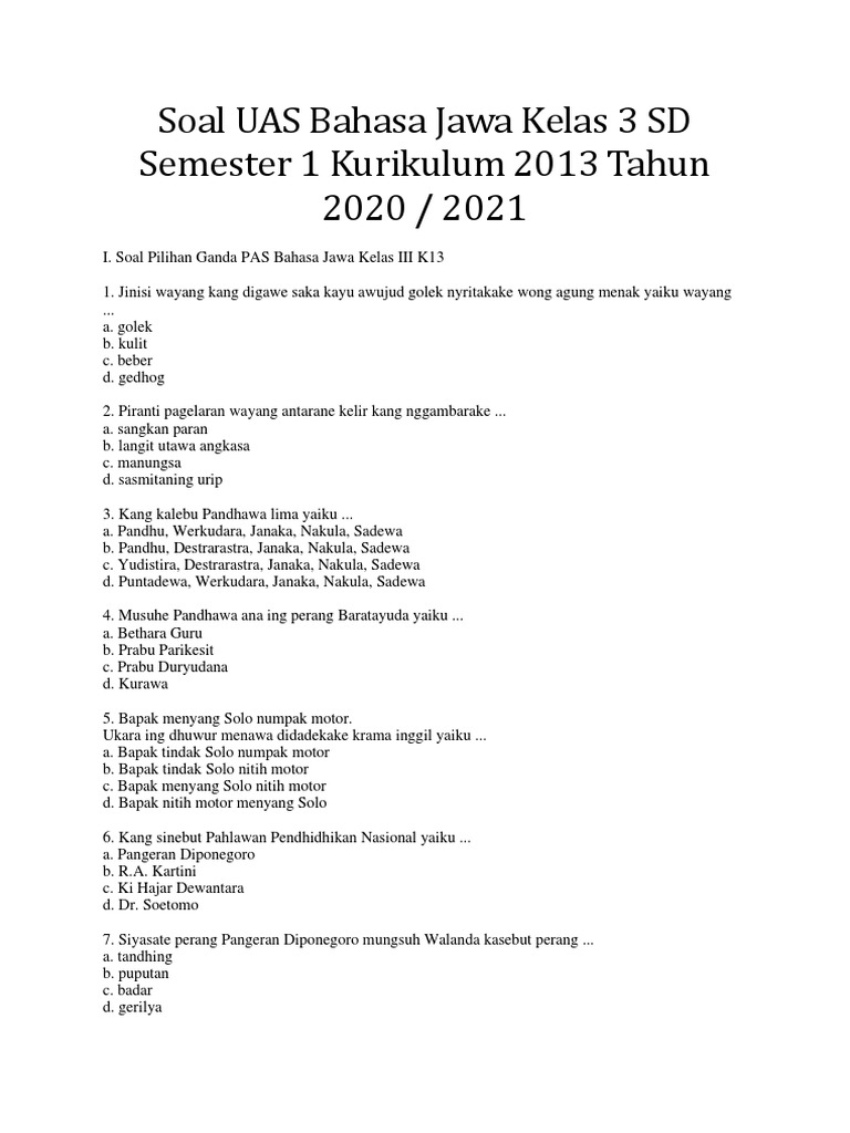 Soal UAS Bahasa Jawa Kelas 3 Semester 1 PDF Soal UAS Bahasa Jawa Kelas 3 Semester 1 PDF