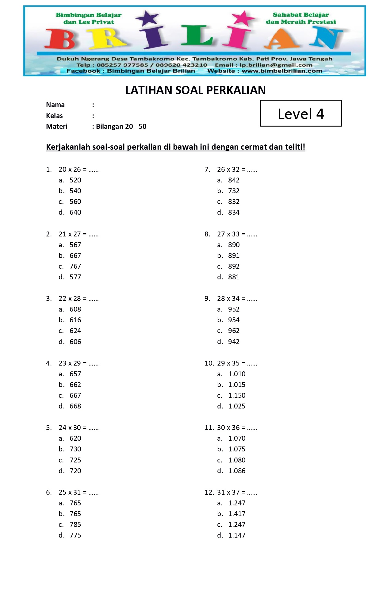 Soal Perkalian Kelas 4 SD Level 4 Bilangan 20 - 50 - Bimbel Brilian Soal Perkalian Kelas 4 SD Level 4 Bilangan 20 - 50 - Bimbel Brilian
