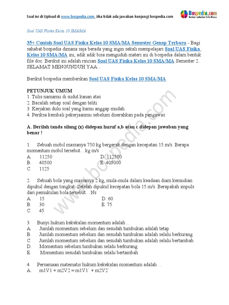 Soal UAS Fisika Kelas 10 Semester 2 PDF Soal UAS Fisika Kelas 10 Semester 2 PDF