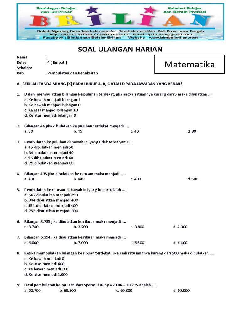 Soal Matematika Kelas 4 SD Bab 2 Penaksiran Dan Pembulatan Dan Kunci PDF Soal Matematika Kelas 4 SD Bab 2 Penaksiran Dan Pembulatan Dan Kunci PDF