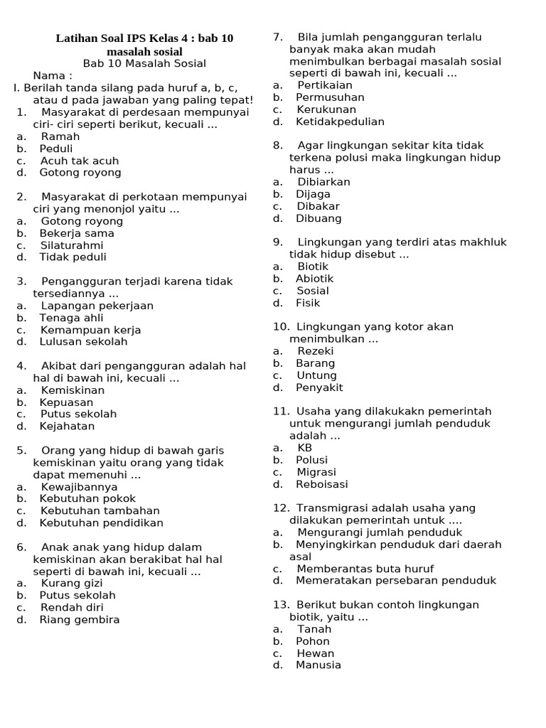 Latihan Soal IPS Kelas 4 Masalah Sosial PDF Latihan Soal IPS Kelas 4 Masalah Sosial PDF