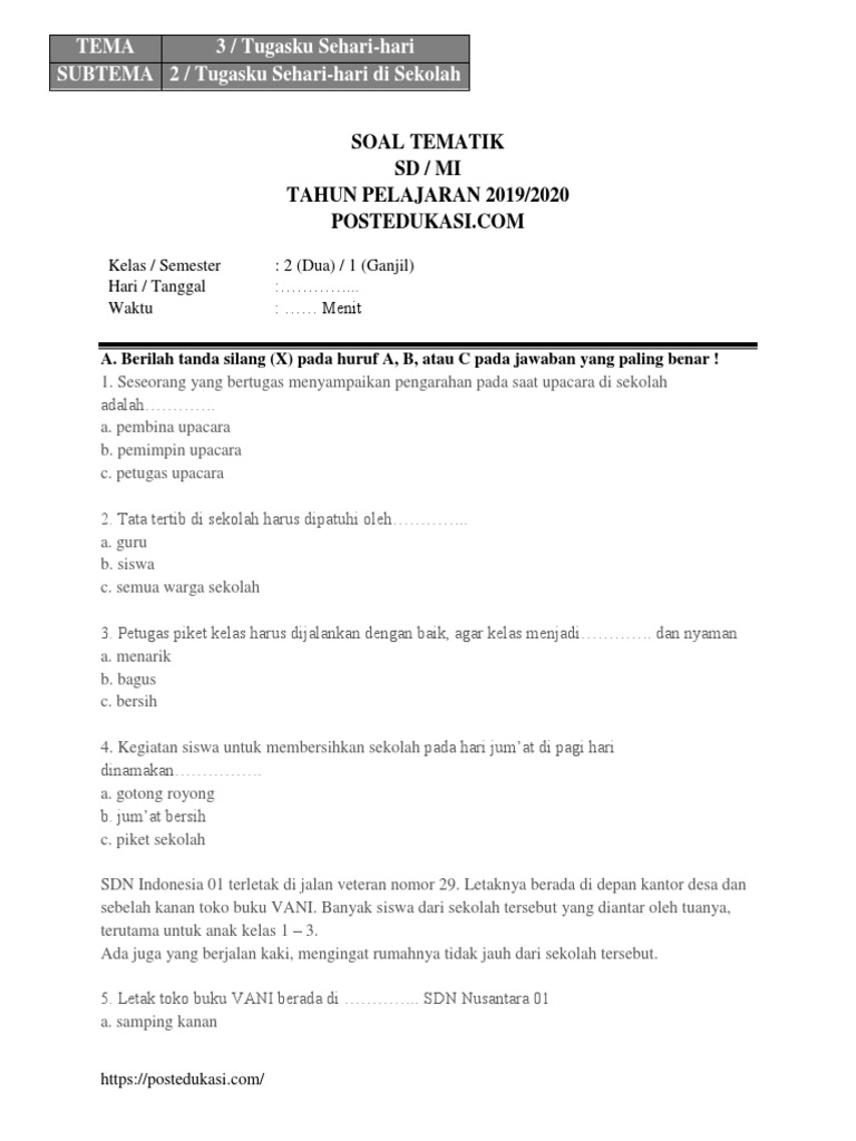 Akhirnya Tersedia 5 Latihan Soal Tematik Kelas 2 Tema 3 Subtema 2 dengan Kunci Jawaban untuk Ujian Semester 1
