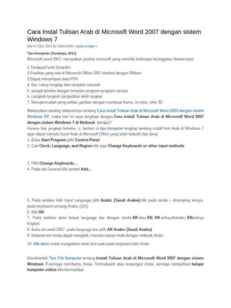 Instalasi Tulisan Arab di Word 2007 PDF Instalasi Tulisan Arab di Word 2007 PDF