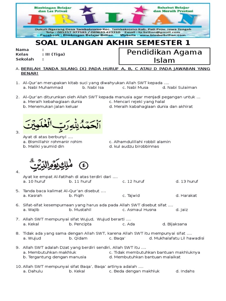 Contoh Soal UAS Agama Semester 1 Kelas 3 yang Wajib Dikuasai Siswa Sebelum Penilaian Akhir