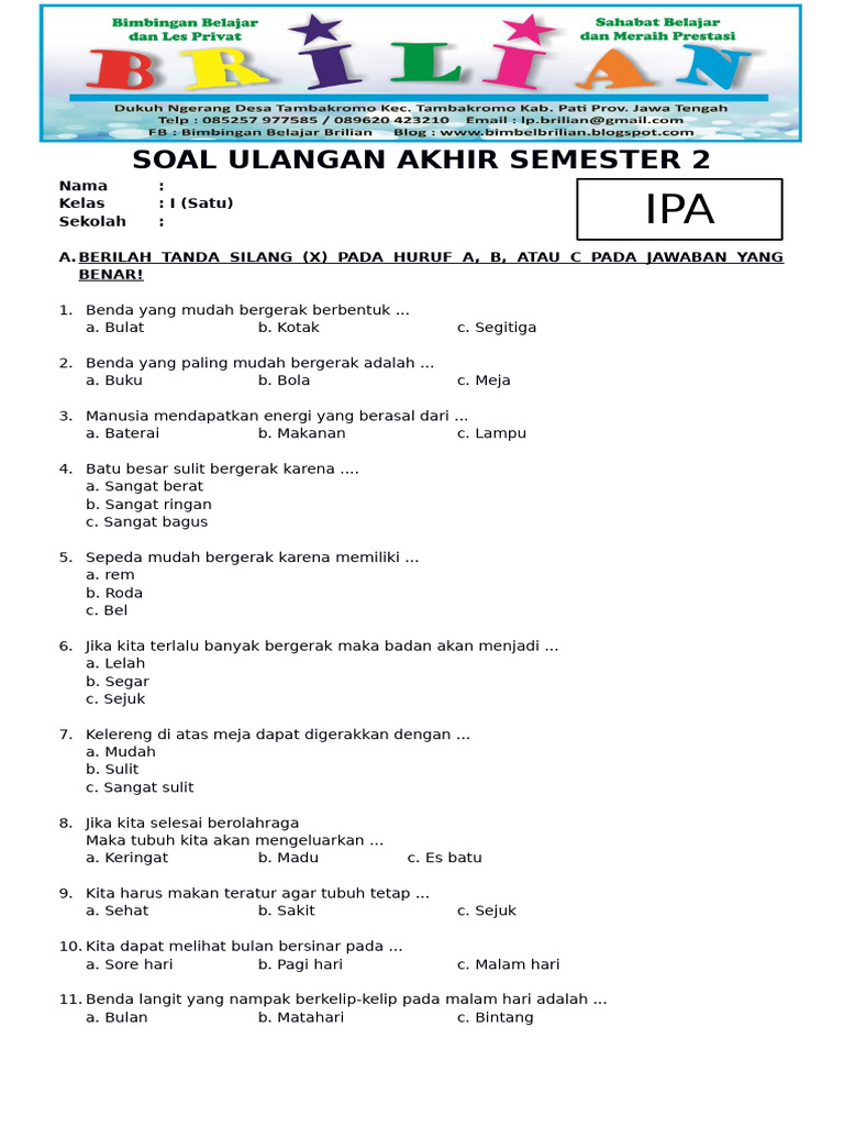Soal UAS IPA Kelas 1 SD Semester 2 PDF Soal UAS IPA Kelas 1 SD Semester 2 PDF