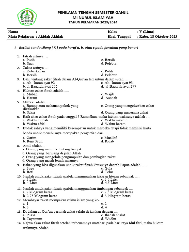 Soal Fiqih Kelas 5 Zakat dan Infaq PDF Agama Spiritualitas Soal Fiqih Kelas 5 Zakat dan Infaq PDF Agama Spiritualitas