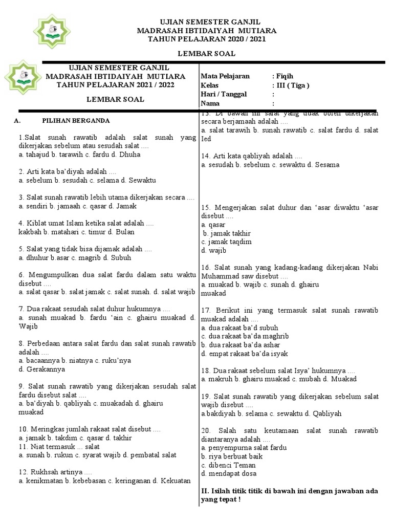 Ternyata Ini Dia Contoh Soal UAS Fiqih Kelas 3 MI Semester 1 Doc yang Sering Keluar Ujian