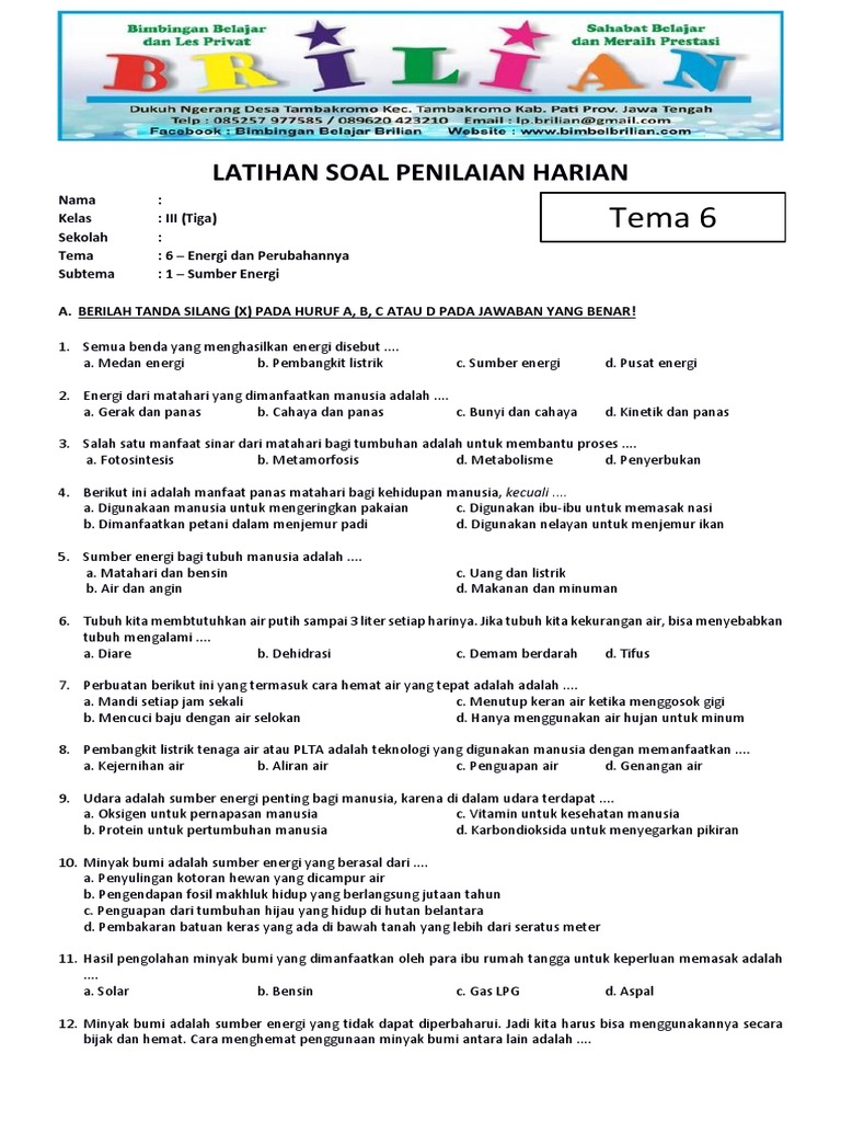 Soal Ulangan Tema 6 Kelas 3 SD PDF Soal Ulangan Tema 6 Kelas 3 SD PDF