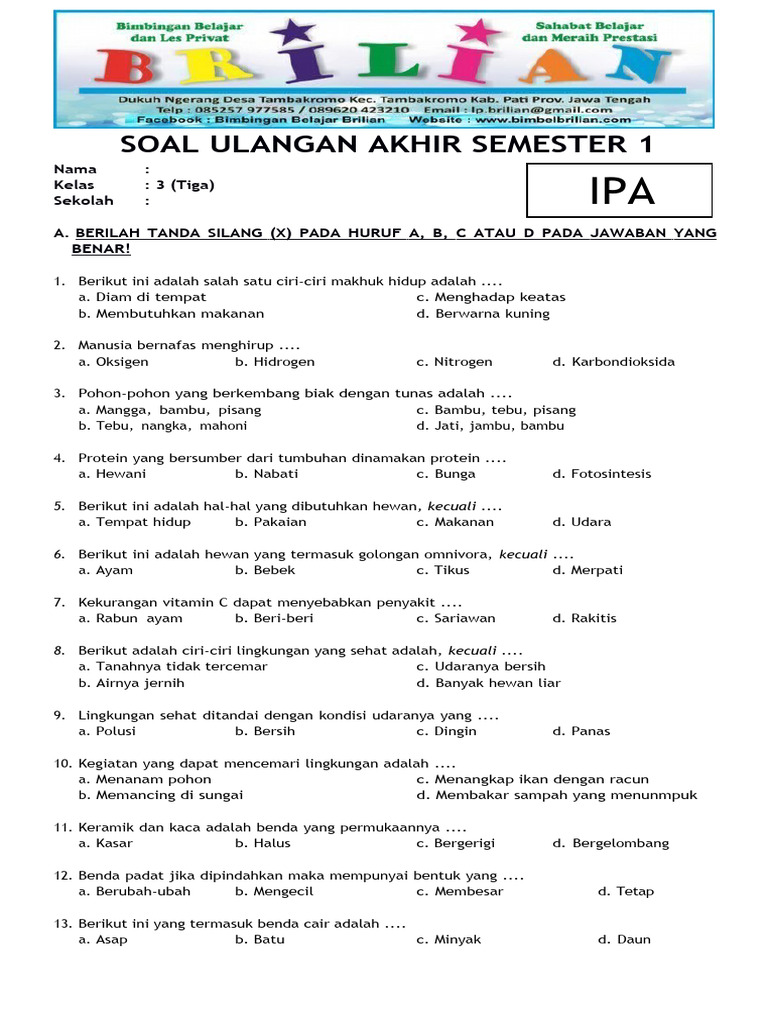 Wajib Coba! 7 Contoh Soal UAS 1 IPA Kelas 3 SD 2026 Lengkap dengan Lembar Kerja Siap Cetak