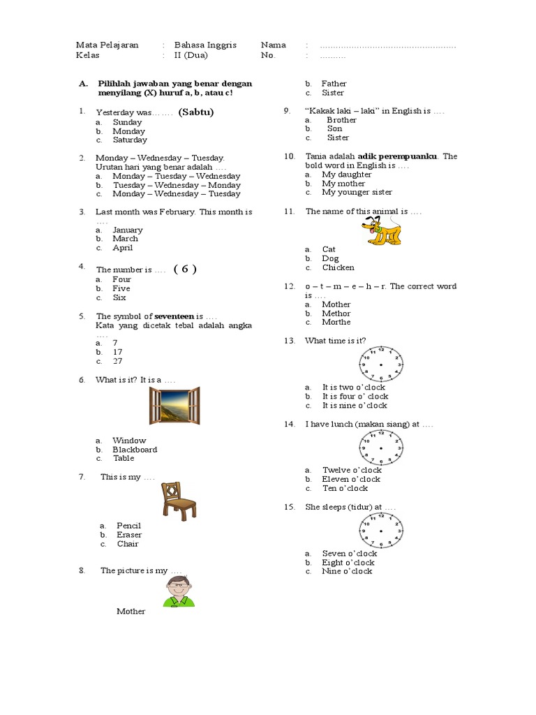 Latihan Soal Bahasa Inggris Kelas 3 Sd