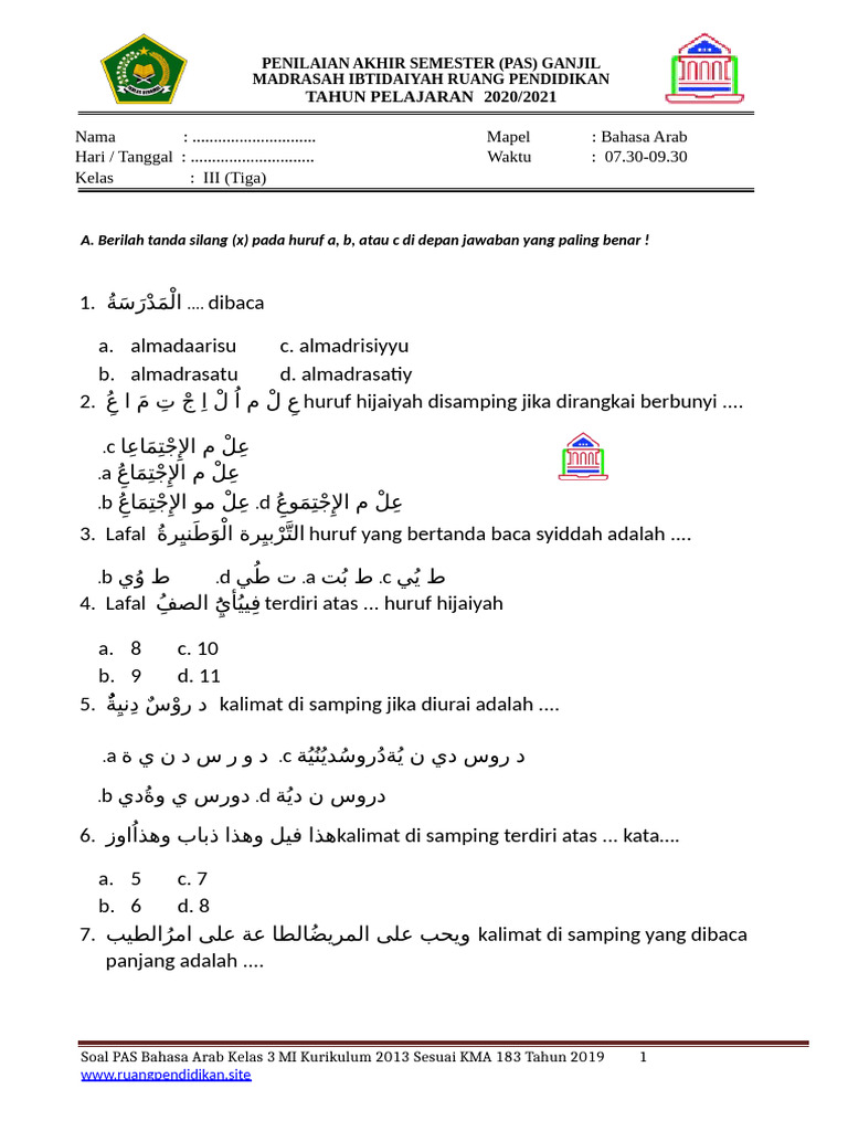 Soal PAS Bahasa Arab Kelas 3 MI PDF Soal PAS Bahasa Arab Kelas 3 MI PDF