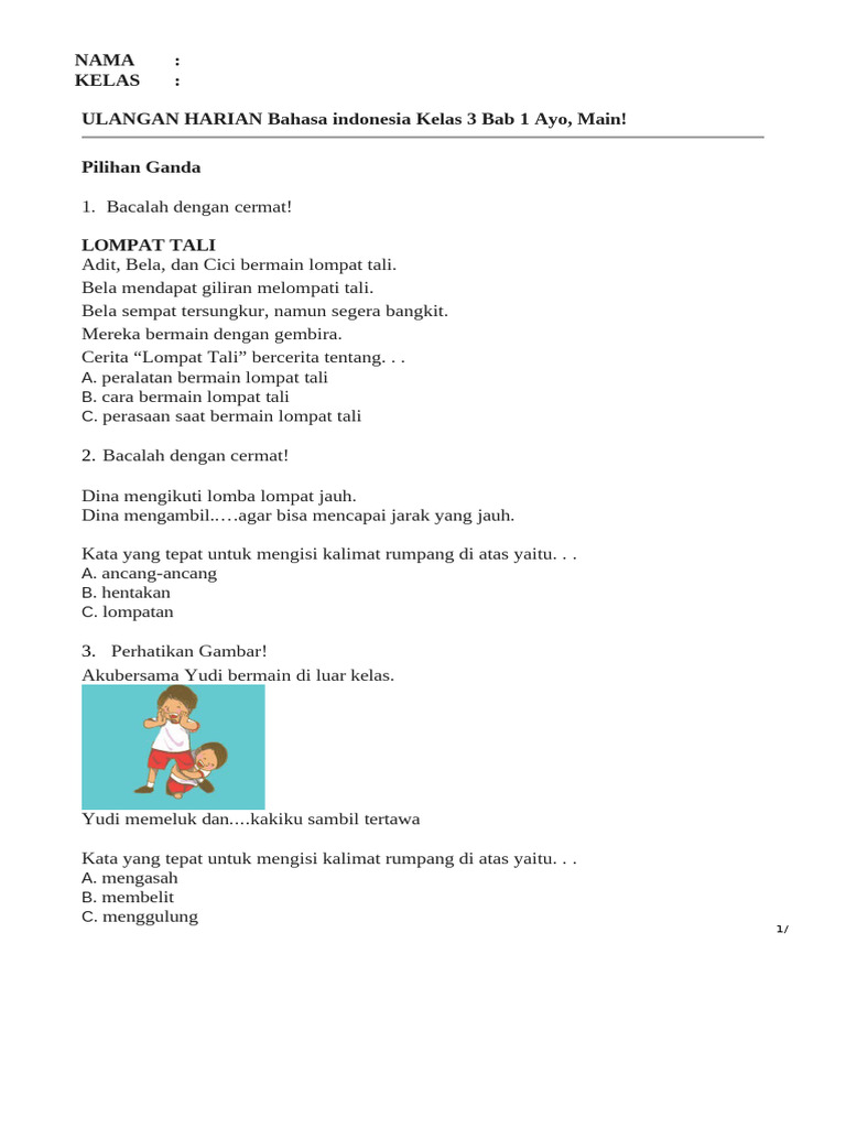 Rahasia Nilai Sempurna: Kumpulan Soal Bahasa Inggris Kelas 3 SD Semester 1 Lesson 1-3 Rahasia Nilai Sempurna: Kumpulan Soal Bahasa Inggris Kelas 3 SD Semester 1 Lesson 1-3