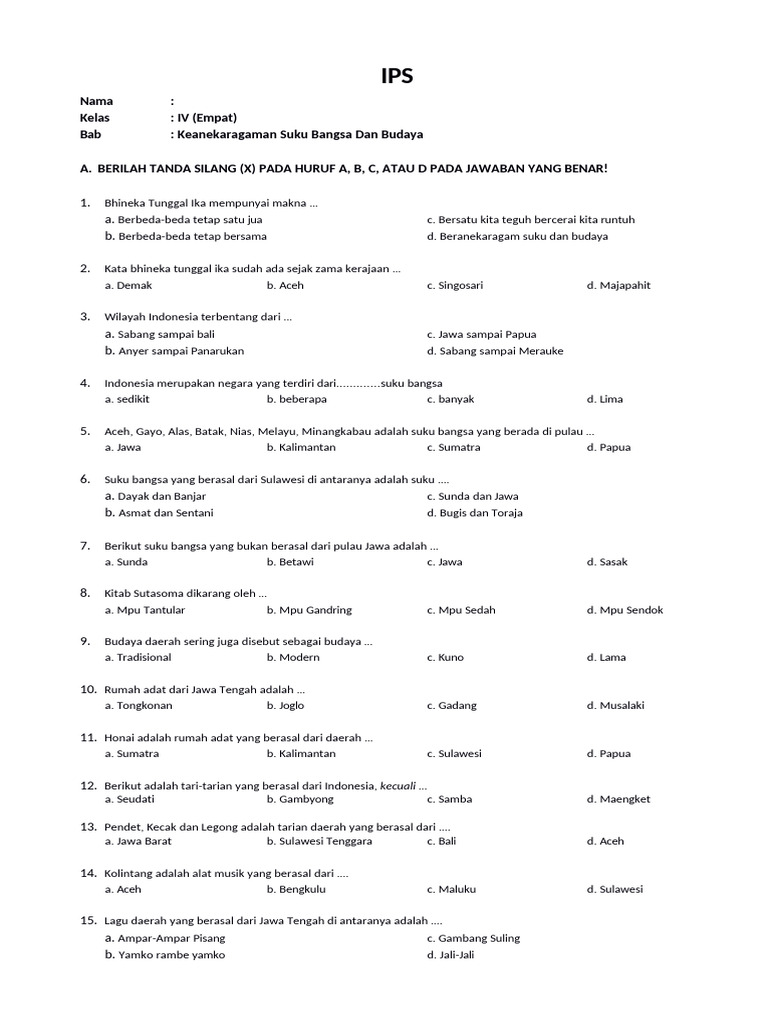 Wajib Tahu 10 Contoh Soal PKN Kelas 4 tentang Keragaman Suku Bangsa dan Budaya Terbaru Wajib Tahu 10 Contoh Soal PKN Kelas 4 tentang Keragaman Suku Bangsa dan Budaya Terbaru